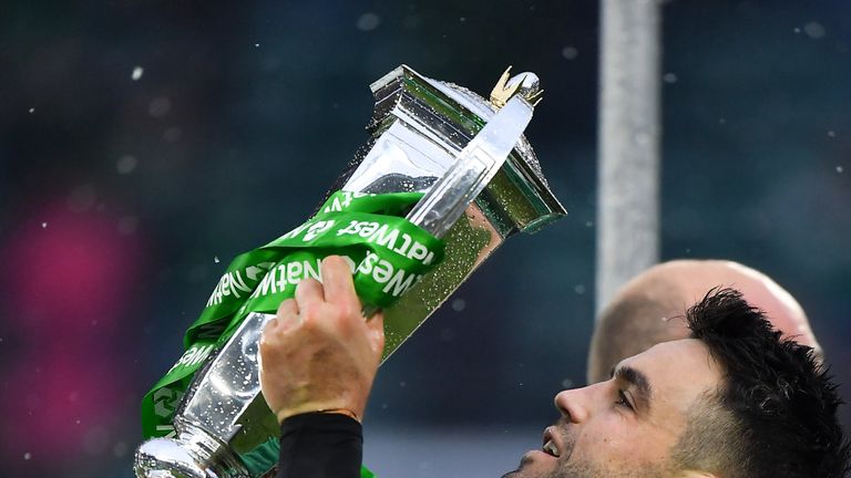17 March 2018; Conor Murray of Ireland celebrates with the Six Nations trophy after the NatWest Six Nations Rugby Championship match between England and Ireland at Twickenham Stadium in London, England. Photo by Brendan Moran/Sportsfile