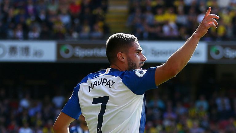 Neal Maupay of Brighton and Hove Albion celebrates after scoring his team's third goa during the Premier League match between Watford FC and Brighton & Hove Albion at Vicarage Road on August 10, 2019 in Watford, United Kingdom. 