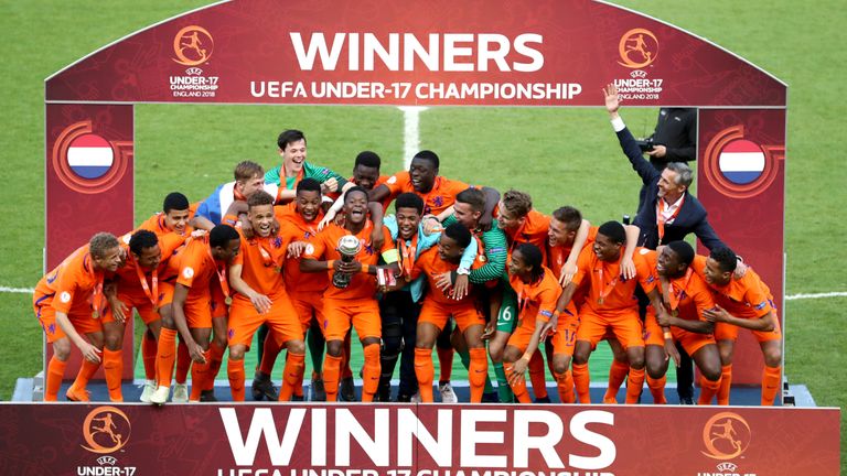Netherlands celebrate after the UEFA European Under-17 Championship Final between Italy and the Netherlands at New York Stadium on May 20, 2018 in Rotherham, England.