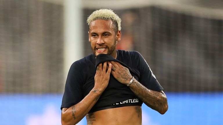 Neymar during the pre-game training of the 2019 Trophee des Champions between Paris saint-Germain and Stade Rennais FC at Shenzhen Uniersiade Sports Center on August 2, 2019 in Shenzhen, China.