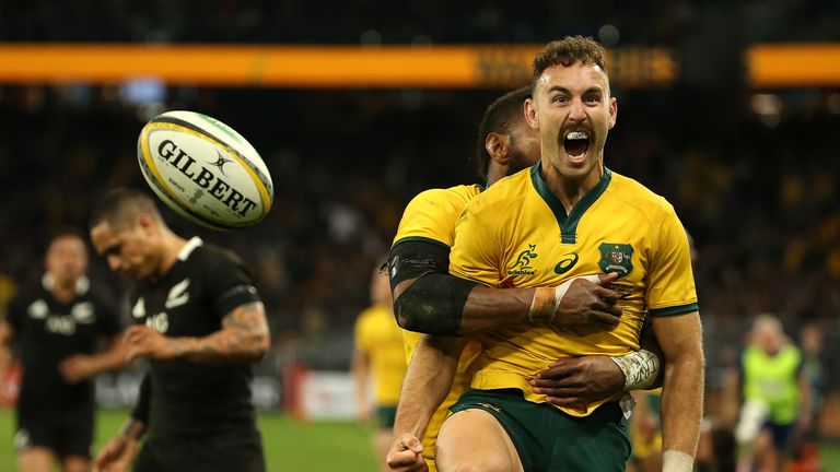 Nic White celebrates after scoring a try for Australia against New Zealand 10/08/2019