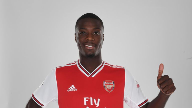 ST ALBANS, ENGLAND - JULY 31: Arsenal unveil new signing Nicolas Pepe at London Colney on July 31, 2019 in St Albans, England. (Photo by Stuart MacFarlane/Arsenal FC via Getty Images)