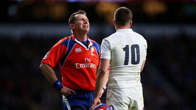 Nigel Owens and George Ford during the RBS Six Nations match between England and France at Twickenham Stadium on March 21, 2015 in London, England.