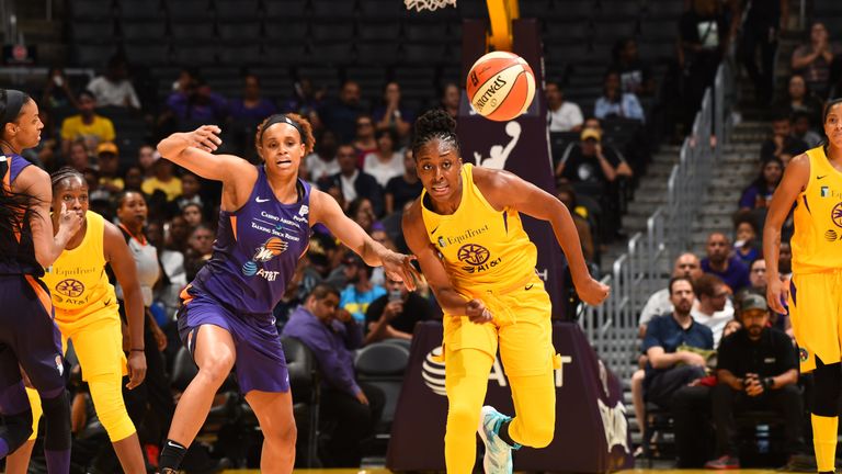Nneka Ogwumike chases the ball down for the Los Angeles Sparks against the Phoenix Mercury