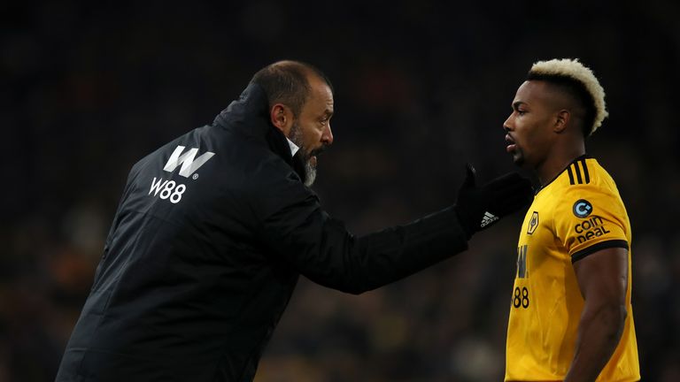 Wolves manager Nuno Espirito Santo gives instructions to Adama Traore