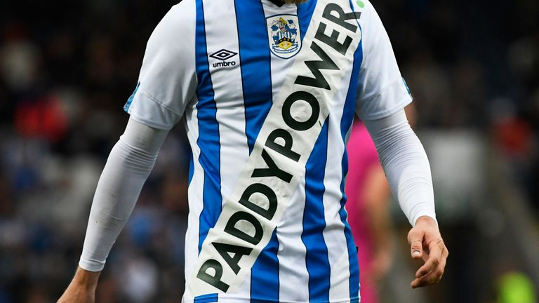 ROCHDALE, ENGLAND - JULY 17: A detail view of the new Huddersfield Town jersey during the Pre Season friendly between Rochdale and Huddersfield Town at Crown Oil Arena on July 17, 2019 in Rochdale, England. (Photo by George Wood/Getty Images)