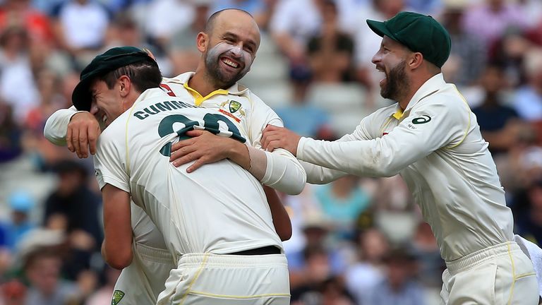 Australia's Nathan Lyon (2nd L) celebrates with teammates after taking the wicket of England's Ben Stokes during play on the fifth day of the first Ashes cricket Test match between England and Australia at Edgbaston in Birmingham, central England on August 5, 2019.