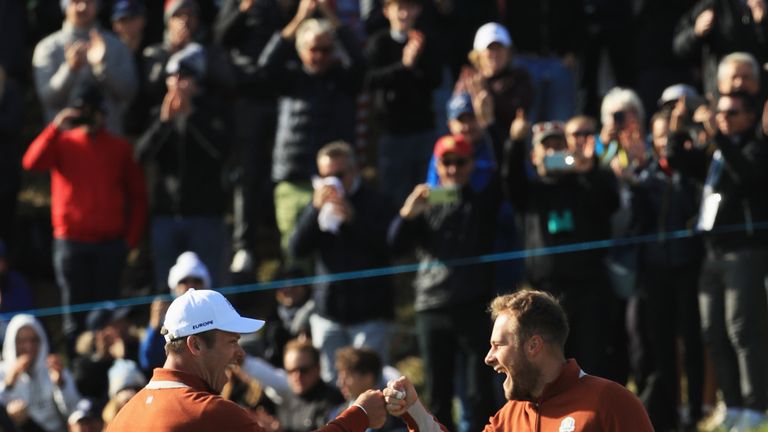 during the morning fourball matches of the 2018 Ryder Cup at Le Golf National on September 29, 2018 in Paris, France.