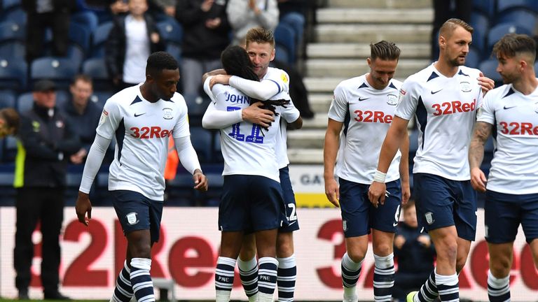 Preston North End's Paul Gallagher celebrates scoring his side's third goal of the game