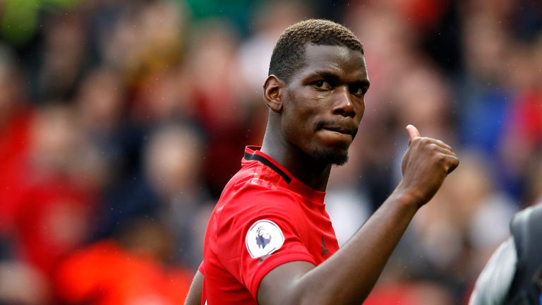Manchester United&#39;s Paul Pogba gives a thumbs up after the Premier League match at Old Trafford, Manchester. PRESS ASSOCIATION Photo. Picture date: Sunday August 11, 2019. 