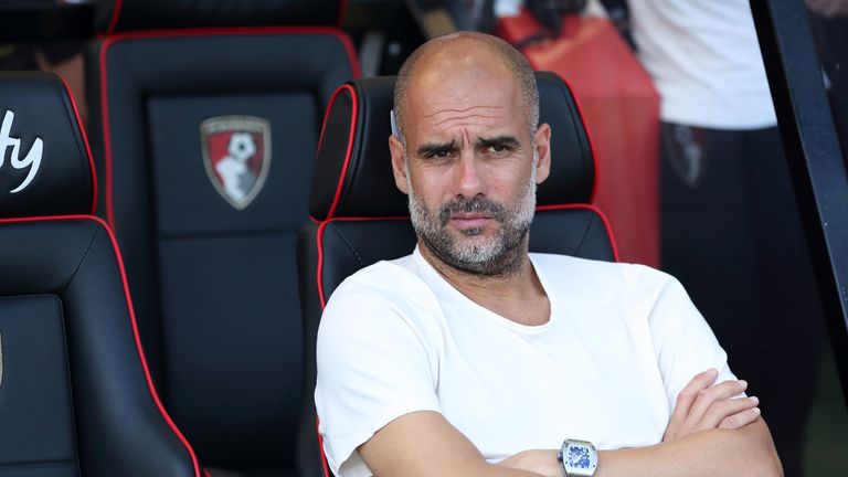 Manchester City boss Pep Guardiola in the dugout before the Premier League game v Bournemouth