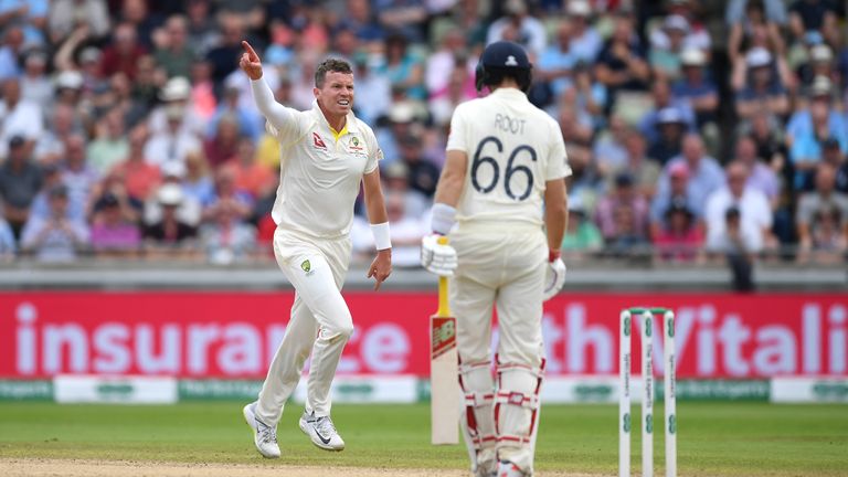 Peter Siddle of Australia celebrates dismissing England captain Joe Root during day two of the 1st Specsavers Ashes Test between England and Australia at Edgbaston