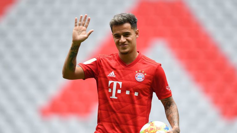 Philippe Coutinho poses at the Allianz Arena after joining Bayern Munich on a season-long loan