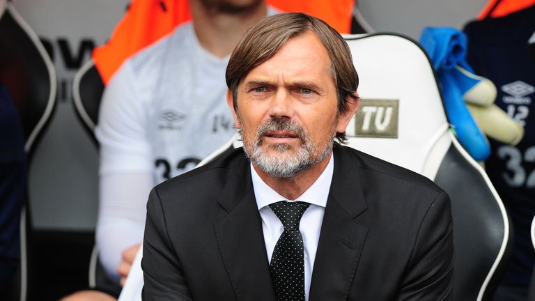 DERBY, ENGLAND - AUGUST 10: Phillip Cocu Manager of Derby County during the Sky Bet Championship match between Derby County and Swansea City at Pride Park Stadium on August 10, 2019 in Derby, England. (Photo by Athena Pictures/Getty Images)