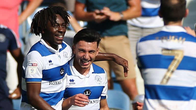  Queens Park Rangers' Ebere Eze celebrates scoring his side's second goal of the game with team-mates