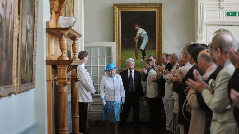 Queen Elizabeth II in the Lord's Long Room during the Ashes Test in 2013