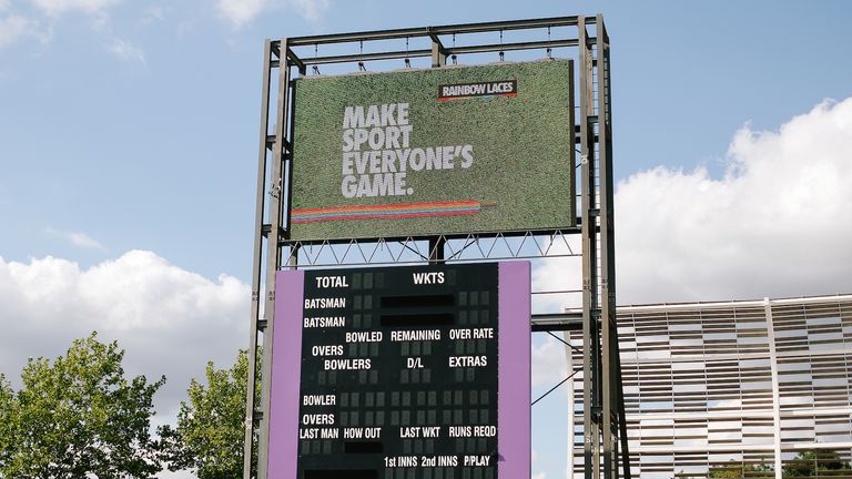 SOUTHAMPTON, UNITED KINGDOM - AUGUST 10, 2017:   Rainbow Laces message on the big screen during the NatWest T20Blast match between Hampshire and Glamorgan at the Ageas Bowl on August 10, 2017 in Southampton, UK. (Photo by Tom Shaw/ECB)