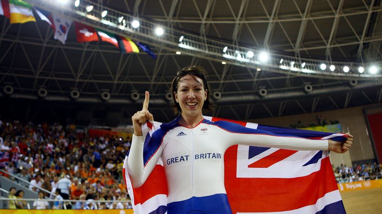 Rebecca Romero of Great Britain celebrates after winning the gold medal in the women's individual pursuit track cycling final held at the Laoshan Velodrome during Day 9 of the 2008 Beijing Summer Olympic Games on August 17, 2008 in Beijing, China