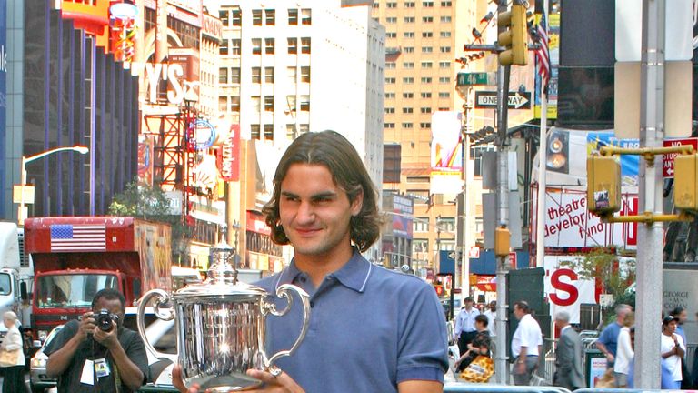 Federer celebrates the second of his five successive US Open titles in 2004