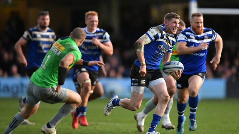 BATH, ENGLAND - MARCH 02: Ruaridh McConnochie of Bath makes a break to set up a try during the Gallagher Premiership Rugby match between Bath Rugby and Harlequins at the Recreation Ground on March 02, 2019 in Bath, United Kingdom. (Photo by Dan Mullan/Getty Images)