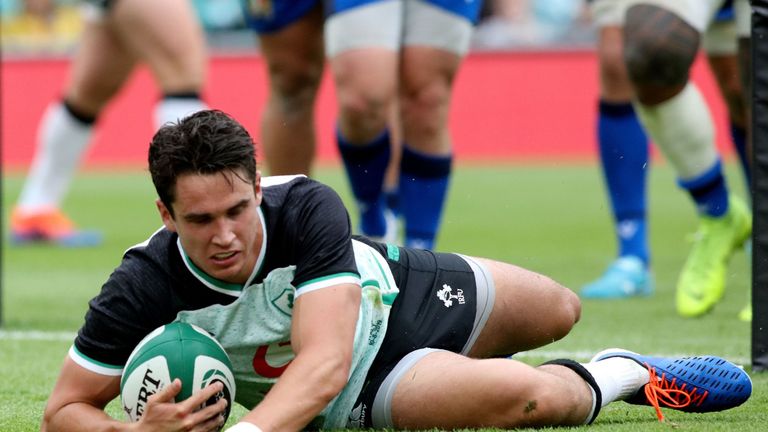 Ireland fly-half Joey Carbery scores a try against Italy