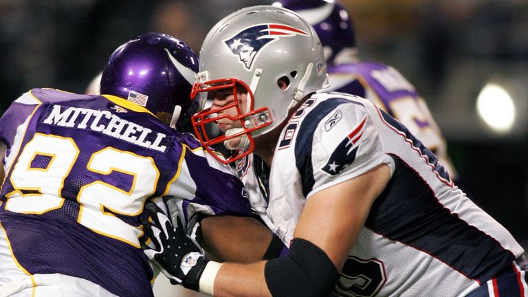 New England tackle Ryan O'Callaghan blocks defensive end Jayme Mitchell during a game against the Minnesota Vikings on October 30, 2006 in the Metrodome in Minneapolis, Minnesota. New England beat Minnesota by a score of 31-7.