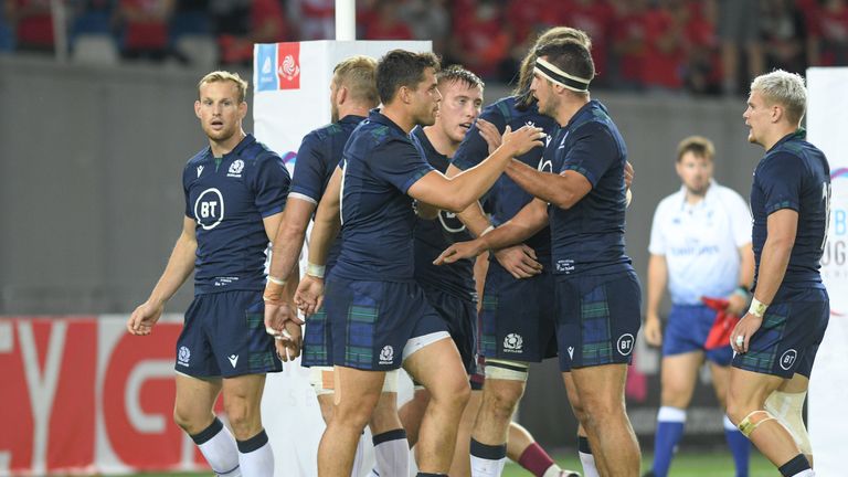 TBILISI, GEORGIA - AUGUST 31: Scottish players celebrate their try during the rugby international match between Georgia and Scotland at Dinamo Arena on August 31, 2019 in Tbilisi, Georgia. (Photo by Levan Verdzeuli/Getty Images)