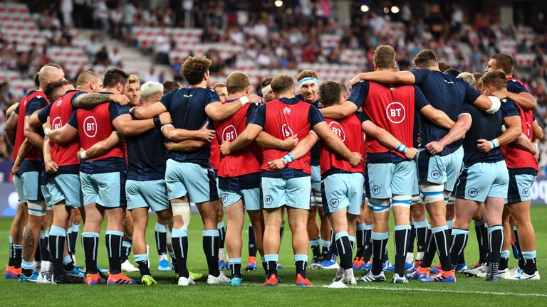 Scotland's players huddle before their first warm-up match against France in Nice