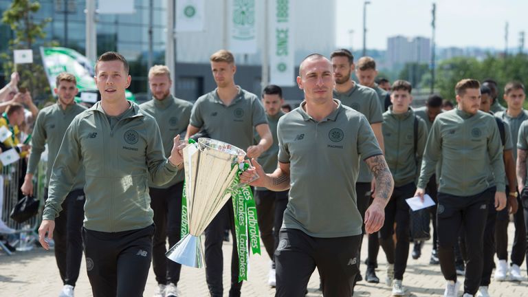Callum McGregor and Celtic captain Scott Brown carry the League championship trophy up the Celtic way ahead of kick-off