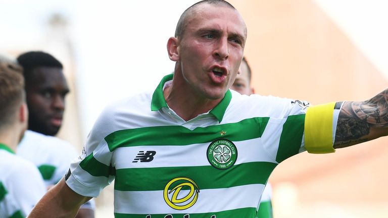 Celtic's Scott Brown appeals to referee Nick Walsh (not pictured) as the visitors make it 3-1.