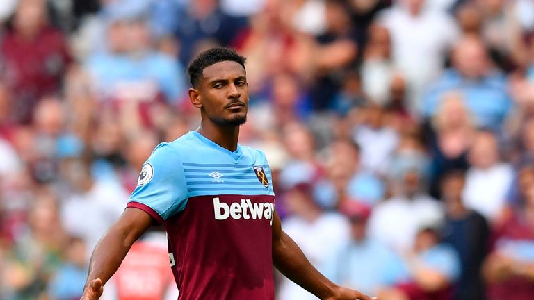 Sebastien Haller celebrates scoring the opening goal at the London Stadium