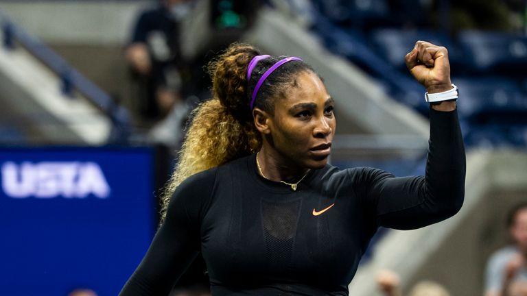 Serena Williams of the United States celebrates her victory over Catherine McNally of the United States in the second round of the US Open at the USTA Billie Jean King National Tennis Center on August 28, 2019 in New York City