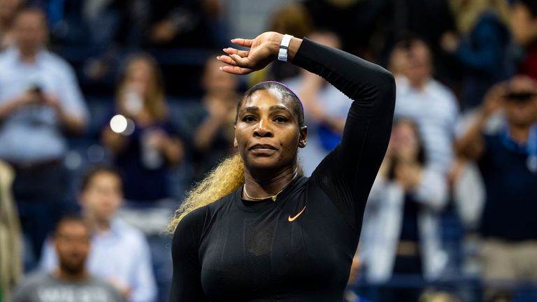 Serena Williams of the United States celebrates her victory over Catherine McNally of the United States in the second round of the US Open at the USTA Billie Jean King National Tennis Center on August 28, 2019 in New York City