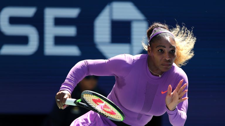 Serena Williams of the United States runs at the net during of her Women's Singles round three match against Karolina Muchova of the Czech Republic on day five of the 2019 US Open at the USTA Billie Jean King National Tennis Center on August 30, 2019 in Queens borough of New York City. 