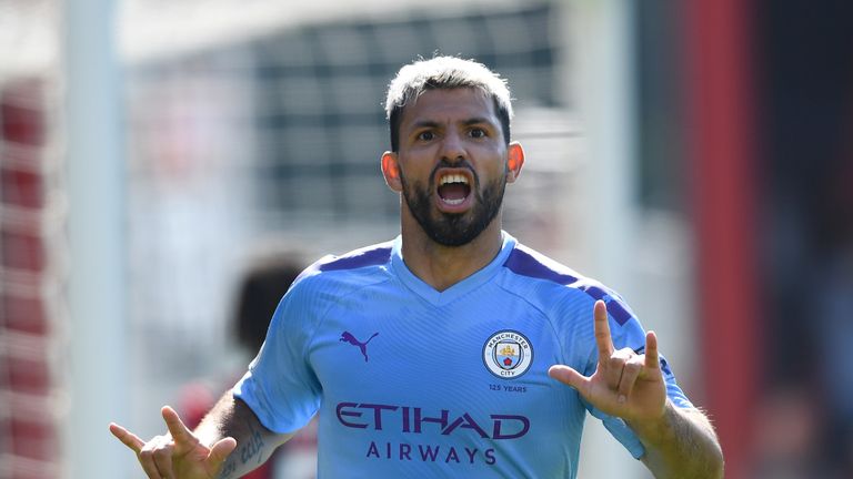 Sergio Aguero celebrates after scoring for Manchester City against Bournemouth