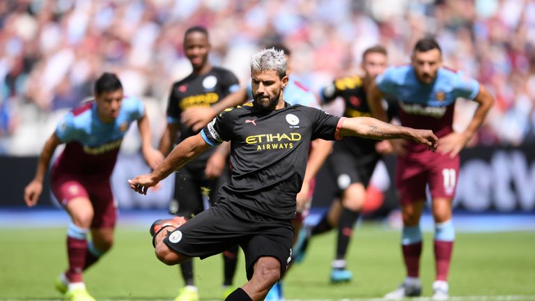 Sergio Aguero scores from the penalty spot at the second attempt