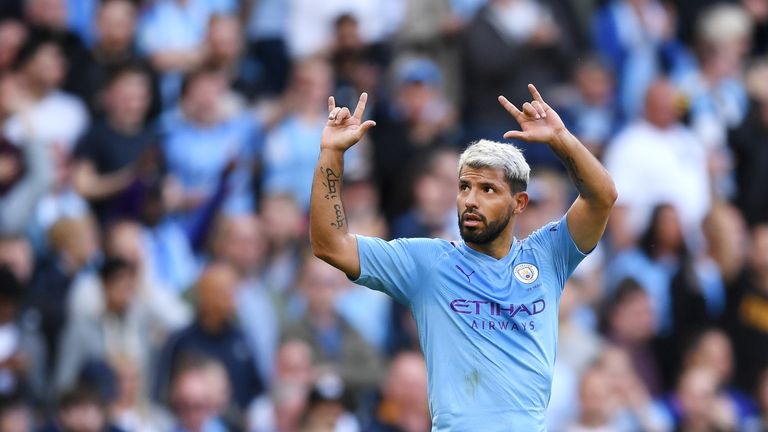 Sergio Aguero celebrates after restoring Man City's lead