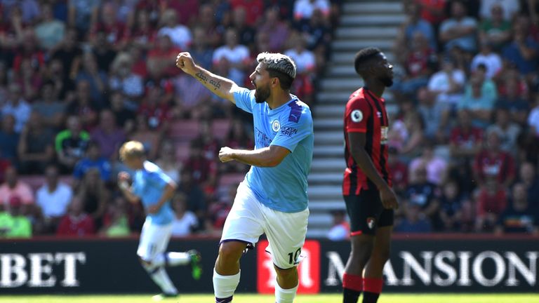 Sergio Aguero celebrates scoring for Manchester City against Bournemouth