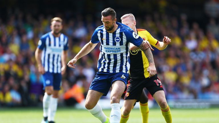Shane Duffy in action for Brighton against Watford at Vicarage Road