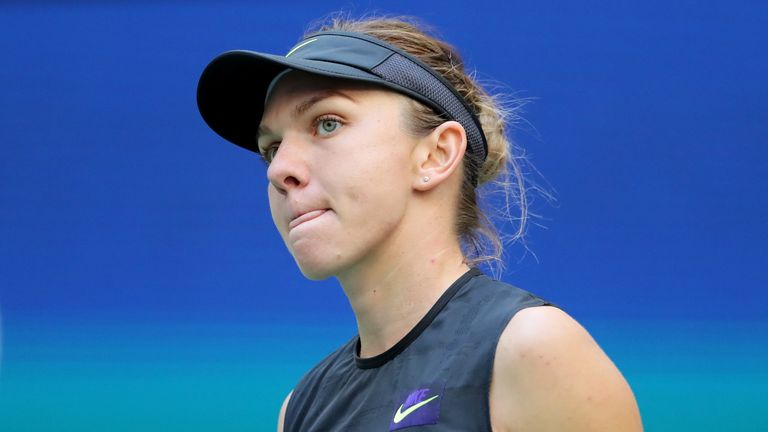 Simona Halep of Romania reacts during her Women's Singles second round match against Taylor Townsend of the United States on day four of the 2019 US Open at the USTA Billie Jean King National Tennis Center on August 29, 2019 in Queens borough of New York City.