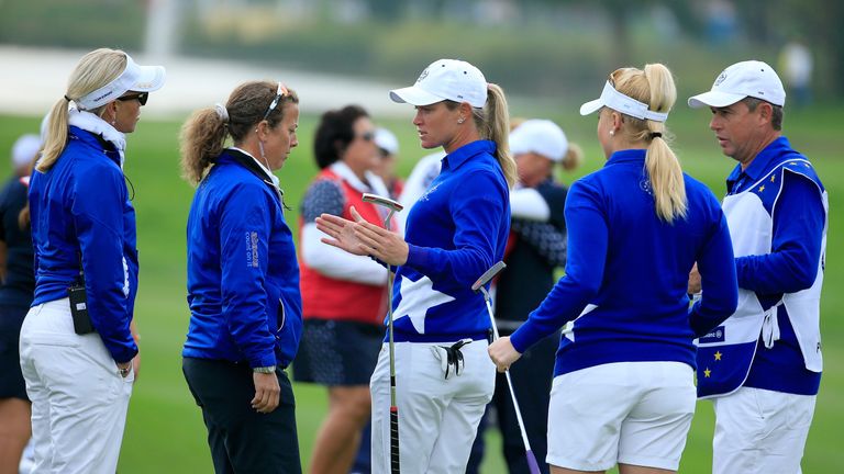 during the completion of the Saturday afternoon fourball matches in the 2015 Solheim Cup at St Leon-Rot Golf Club on September 20, 2015 in Sankt Leon-Rot, Germany.