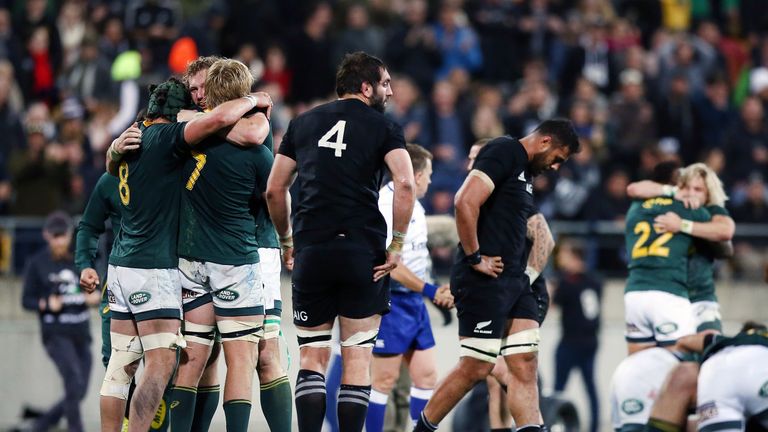 The Springboks celebrate after winning The Rugby Championship match between the New Zealand All Blacks and the South Africa Springboks at Westpac Stadium on September 15, 2018 in Wellington, 
