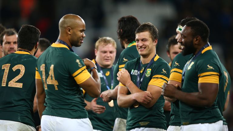 JP Pietersen (14), Handre Pollard and Tendai Mtawarira of South Africa in discussion after the 2015 Rugby World Cup Bronze Final match between South Africa and Argentina at the Olympic Stadium on October 30, 2015 in London, United Kingdom. 