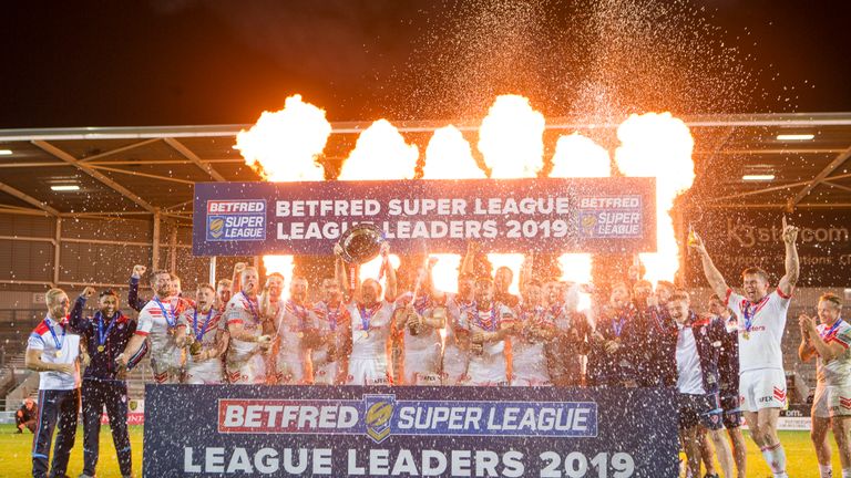 Picture by Isabel Pearce/SWpix.com - 30/08/2019 - Rugby League - Betfred Super League - St Helens v Castleford Tigers - The Totally Wicked Stadium, Langtree Park, St Helens, England - St Helens lift the League Leaders Shield.