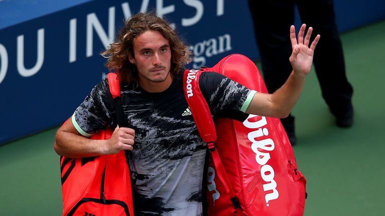 Stefanos Tsitsipas of Greece waives following losing to Andrey Rublev of Russia during their Men's Singles first round match on day two of the 2019 US Open at the USTA Billie Jean King National Tennis Center on August 27, 2019 in the Flushing neighborhood of the Queens borough of New York City