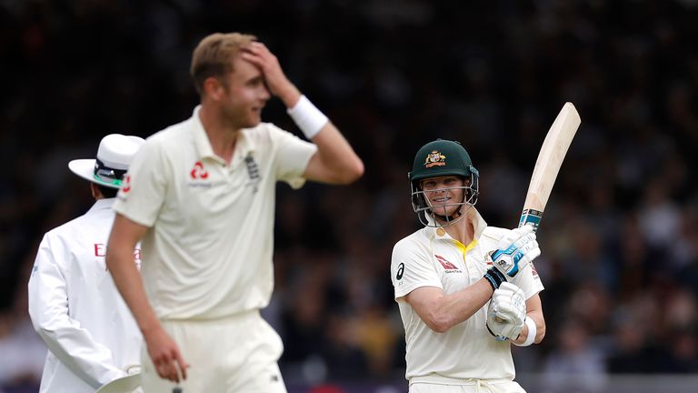 Steve Smith frustrates Stuart Broad on his way to a fifty