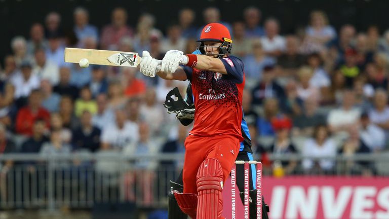 ANCHESTER, ENGLAND - JULY 26: Steven Croft of Lancashire Lightning plays a shot during the Vitality Blast match between Lancashire Lightning and Worcestershire Rapids at Emirates Old Trafford on July 26, 2019