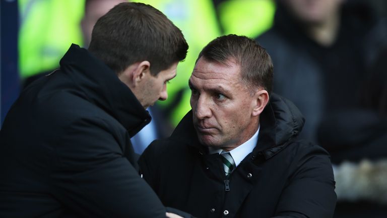 Steven Gerrard and Brendan Rodgers during the Ladbrokes Scottish Premier League between Celtic and at Ibrox Stadium on December 29, 2018 in Glasgow, Scotland.