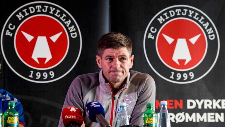 Steven Gerrard at the news conference ahead of Rangers' Europa League game away to Midtjylland