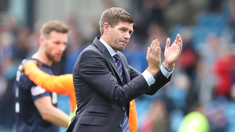 Rangers Manager Steven Gerrard is seen at full time during the Ladbrokes Premier League match between Kilmarnock and Rangers at Rugby Park on August 04, 2019 in Kilmarnock, Scotland.